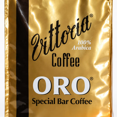 Vittoria Oro Blend Coffee Beans 1kg, close-up of the label