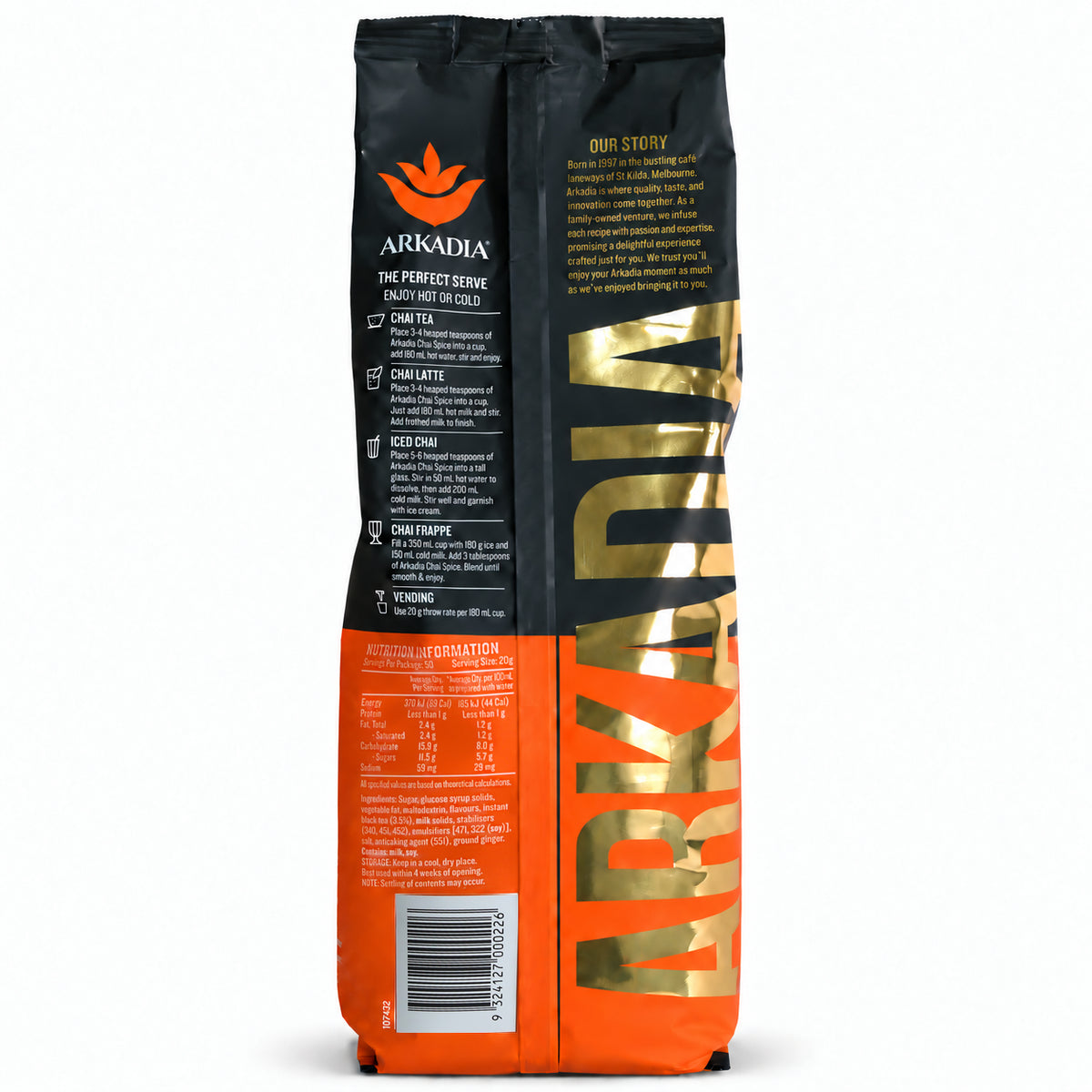 Arkadia Chai Spice Tea 1kg, back of the pack