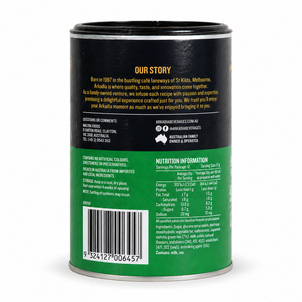Arkadia Matcha Latte Original 220g, back of the pack