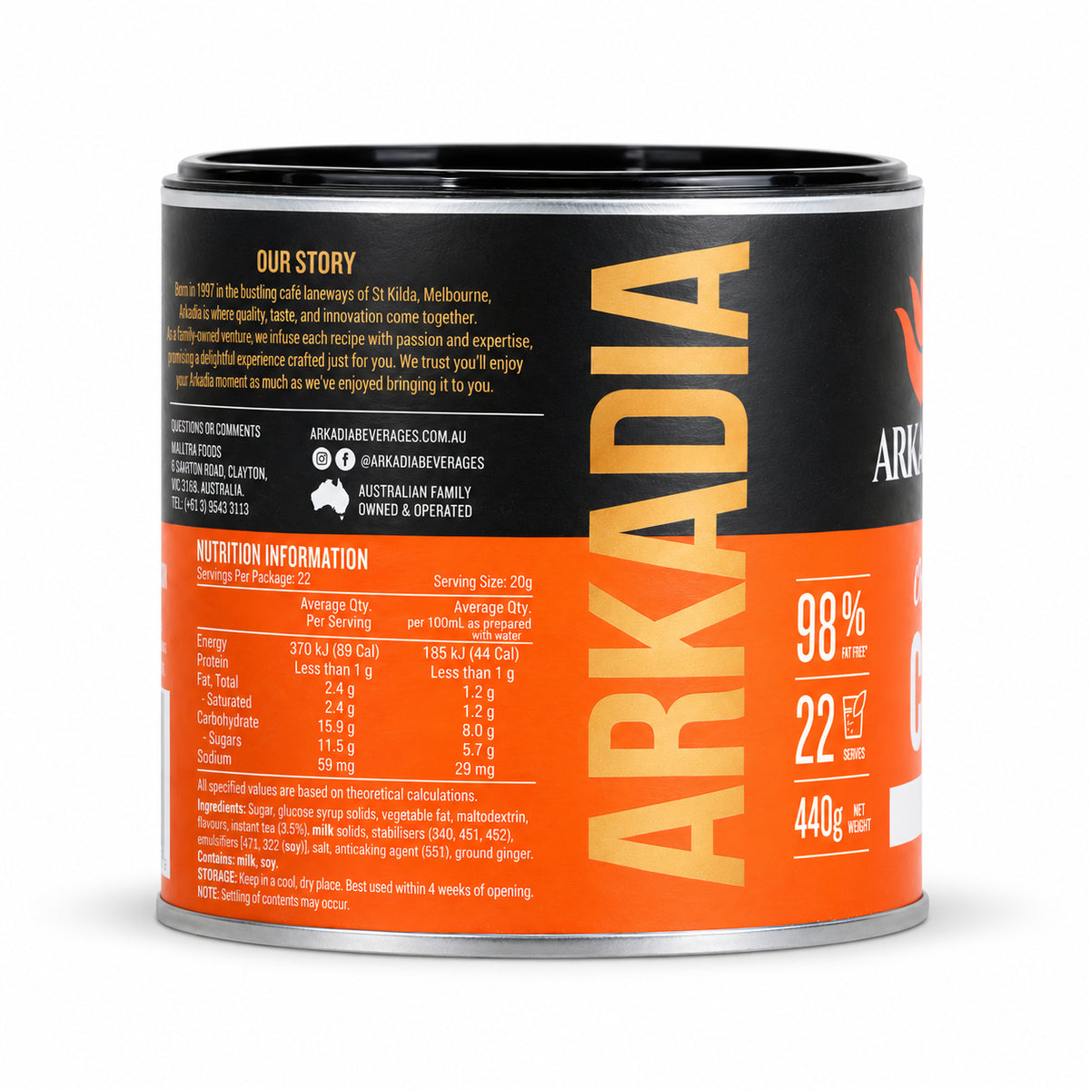 Arkadia Chai Spice Tea 440g, side of the pack