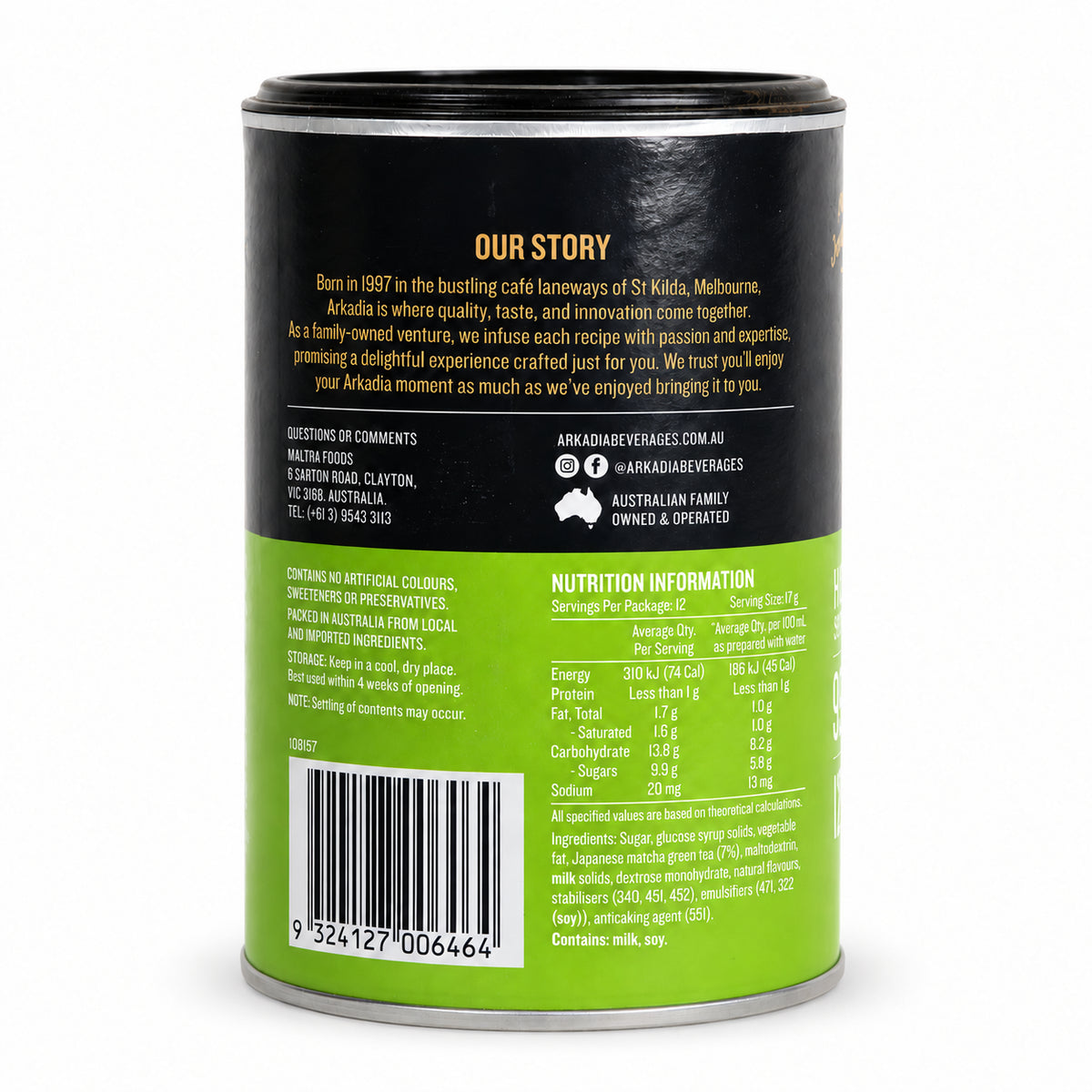 Arkadia Matcha Latte Strawberry 220g, back of the pack