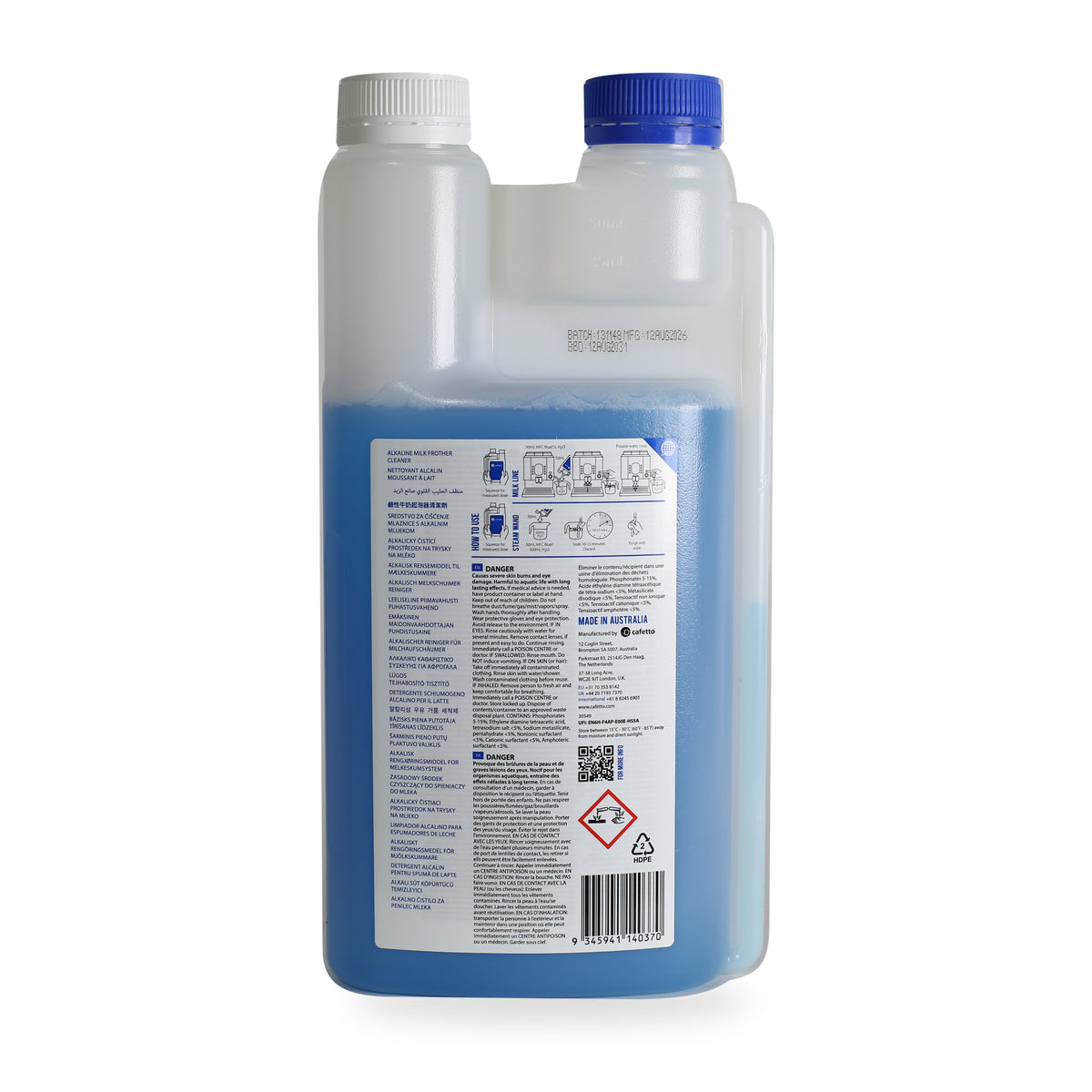 Cafetto BLUE DAILY Milk Frother Cleaner 1 Litre, back of the pack