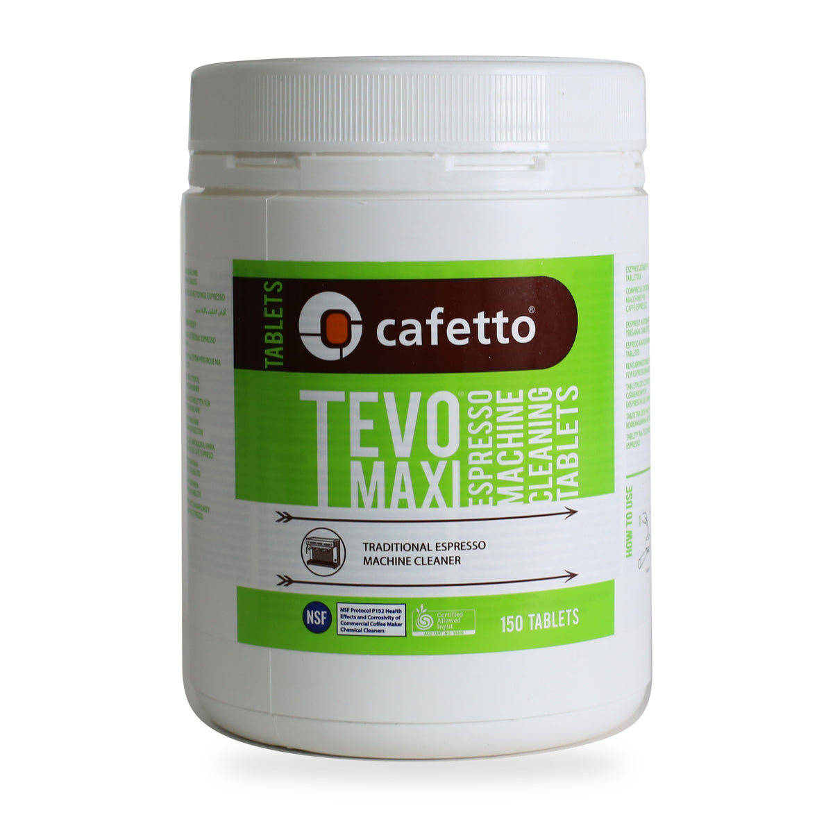 Cafetto Tevo Organic Espresso Clean Maxi Tablets 150 pack, front of the pack