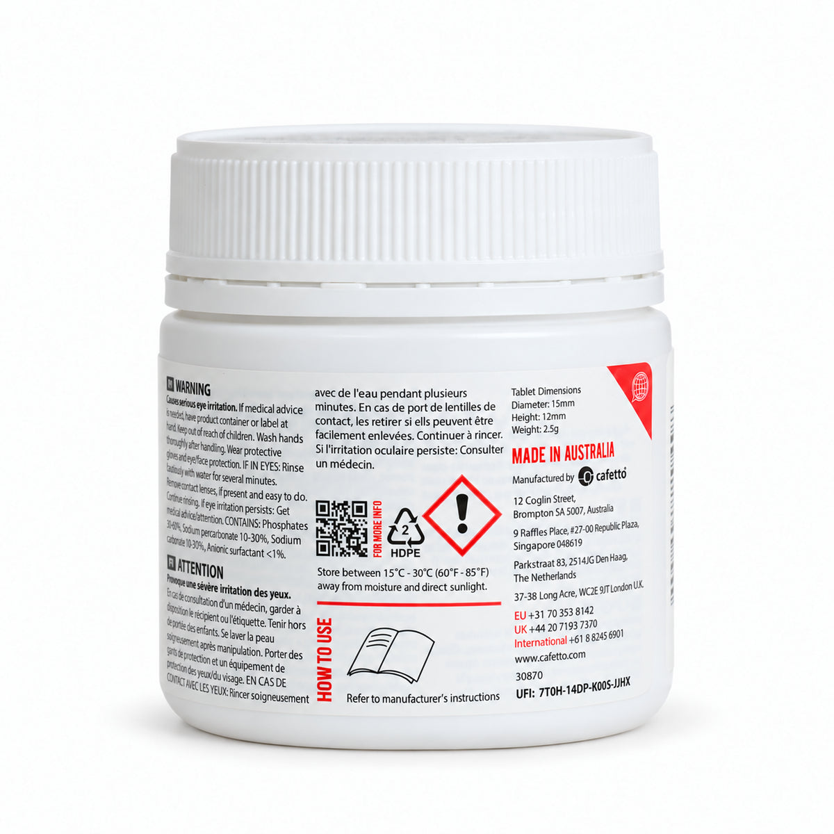 Cafetto J25 Cleaning Tablets 60 pack, back of the pack
