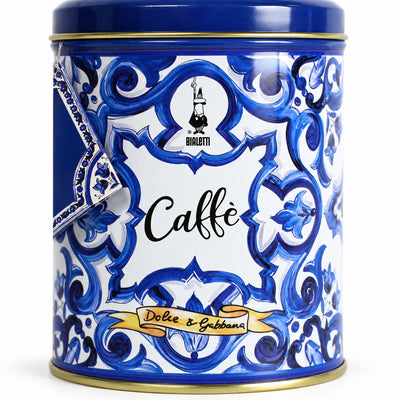Dolce & Gabbana Bialetti Perfetto Moka Autentico Ground Coffee 200g + Gift Tin, close-up of the label