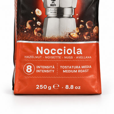 Bialetti Perfetto Moka Hazelnut Ground Coffee 250g, close-up of the label