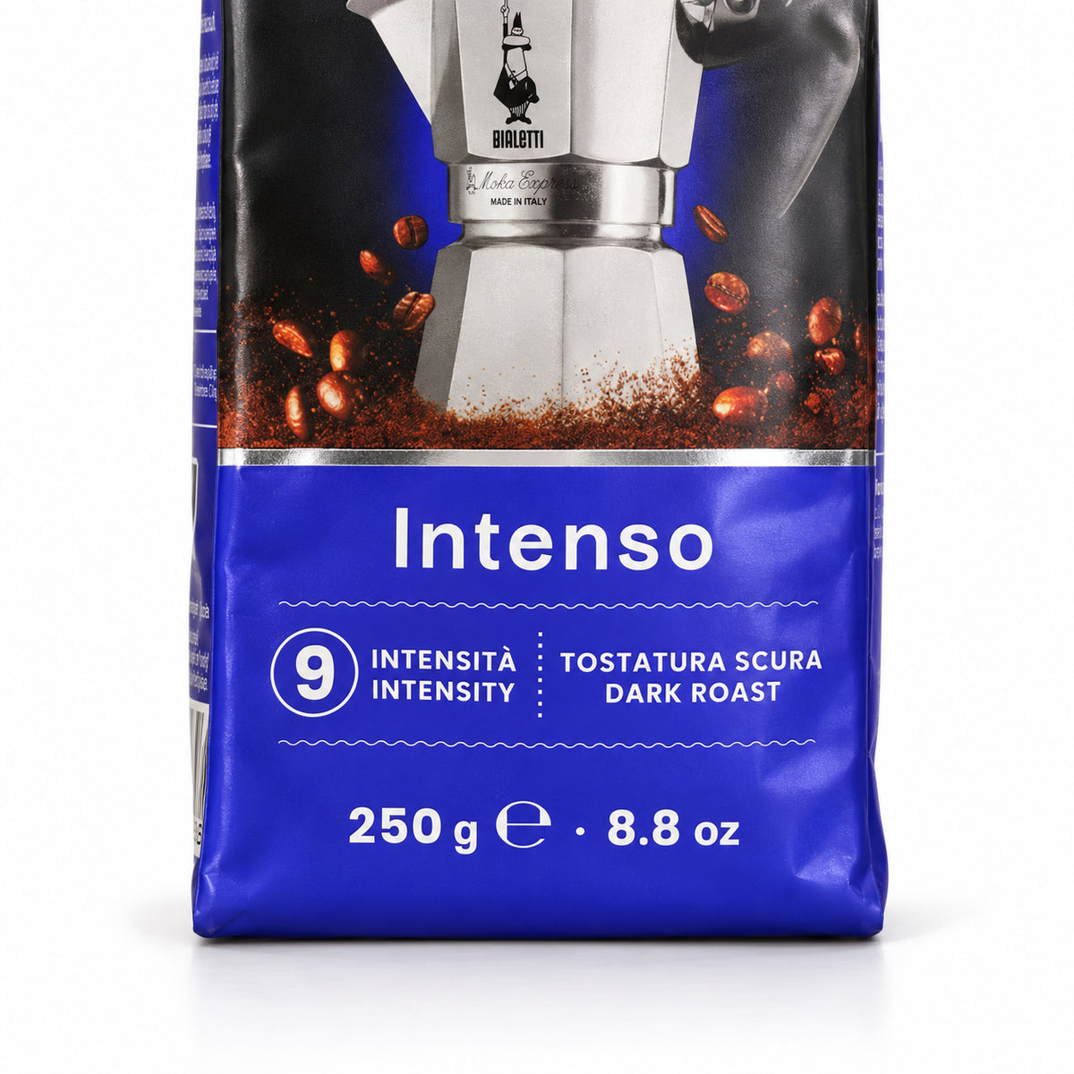 Bialetti Perfetto Moka Intenso Ground Coffee 250g, close-up of the label