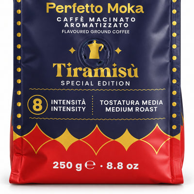 Bialetti Magico Ricordo Ground Coffee and Gift Tin 250g, close-up of the label