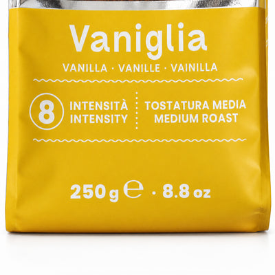 Bialetti Perfetto Moka Vanilla Ground Coffee 250g, close-up of the label