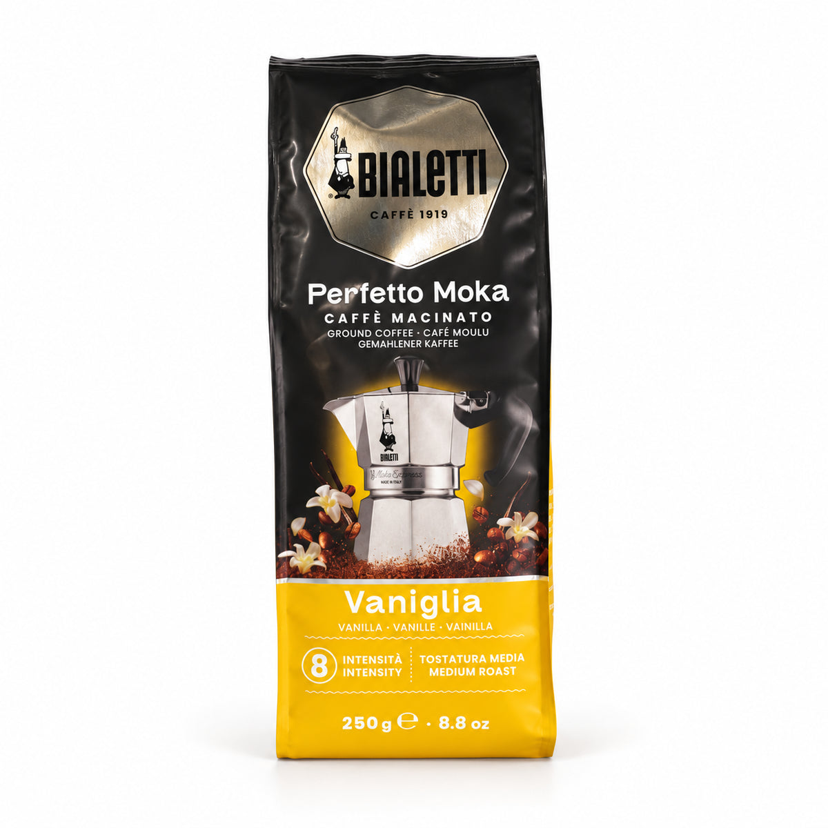Bialetti Perfetto Moka Vanilla Ground Coffee 250g, front of the pack
