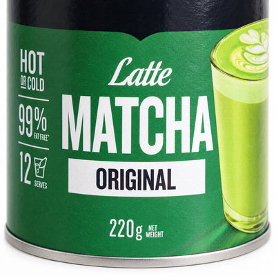 Arkadia Matcha Latte Original 220g, close-up of the label