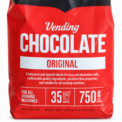 Arkadia Vending Chocolate Original 750gm, close-up of the label
