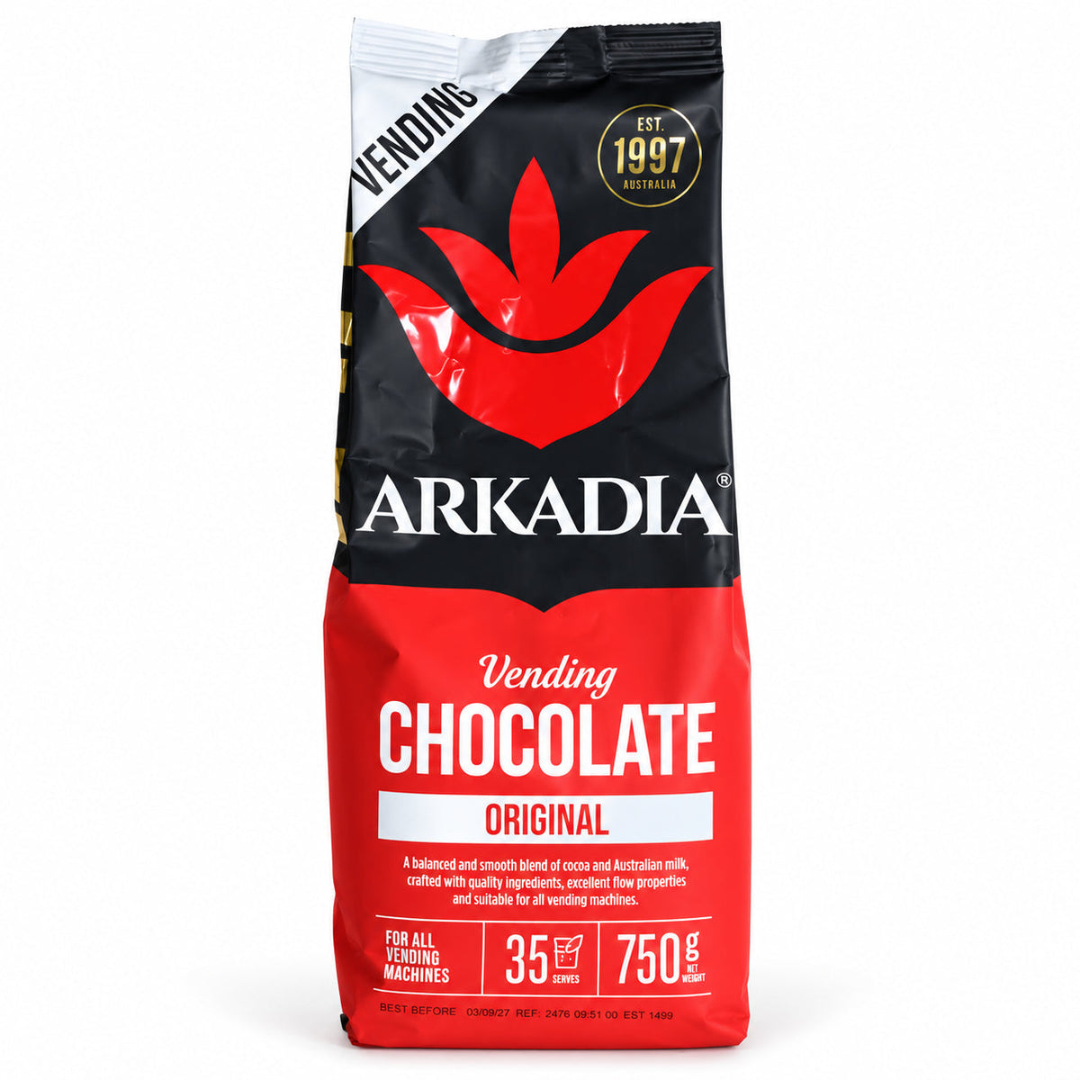 Arkadia Vending Chocolate Original 750gm, front of the pack
