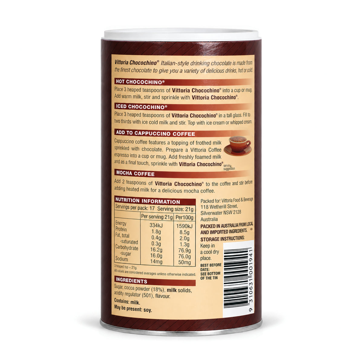 Vittoria Chocochino Original Chocolate 375g, back of the pack