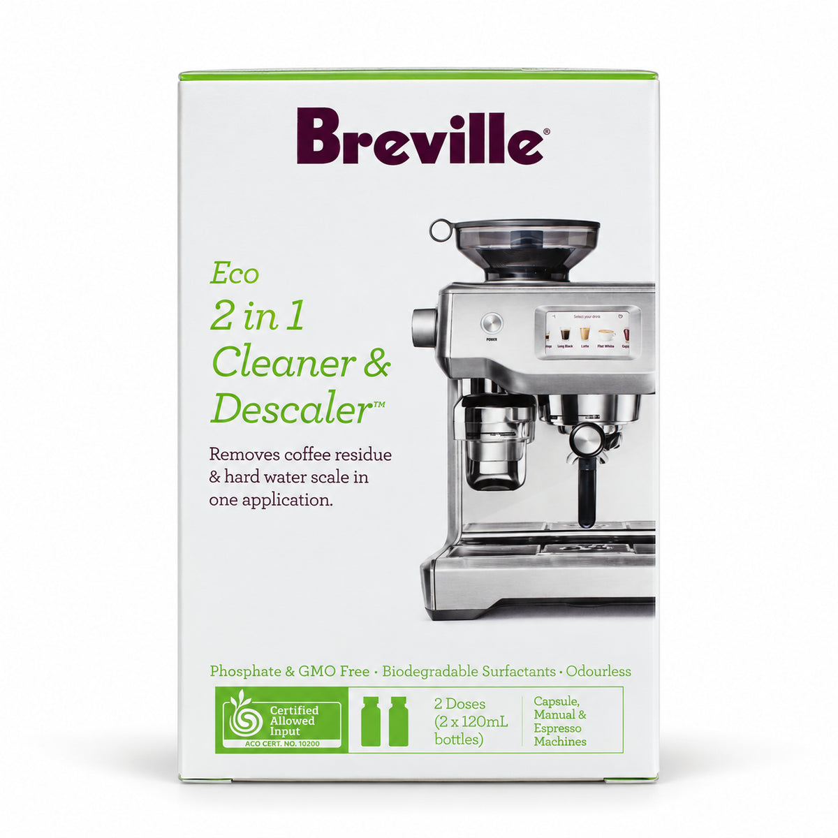Breville Eco 2-in-1 Cleaner &  Descaler, front of the pack