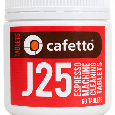 Cafetto J25 Cleaning Tablets 60 pack, close-up of the label