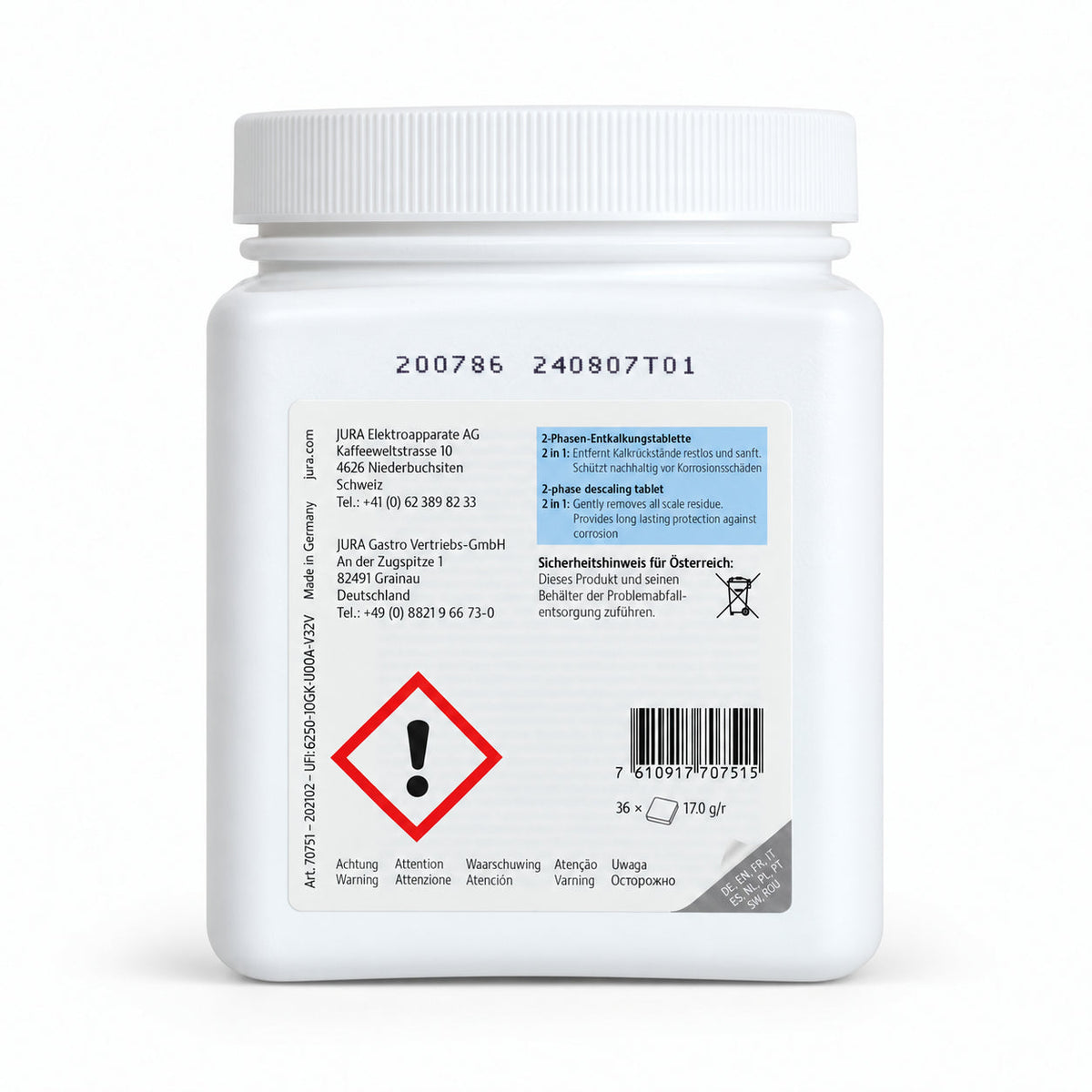 Jura Descaling Tablets 36 Pack, back of the pack