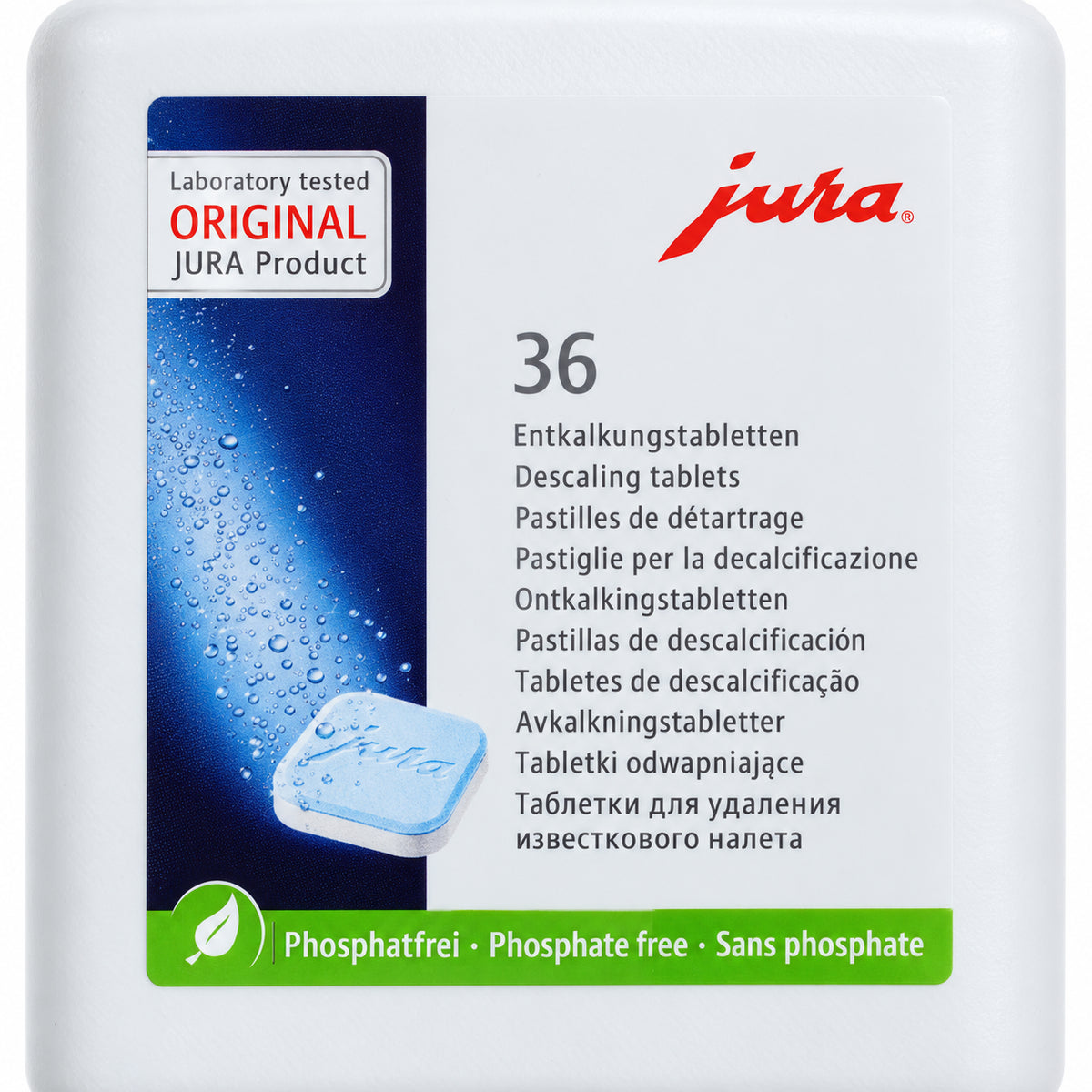 Jura Descaling Tablets 36 Pack, close-up of the label
