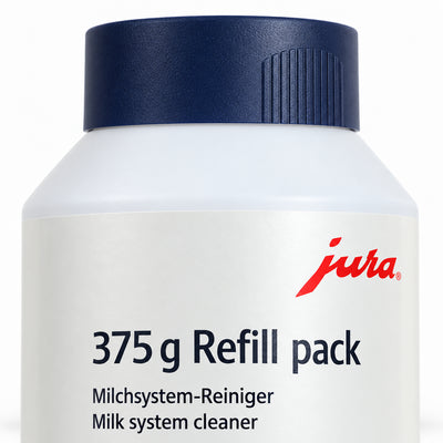 Jura Milk System Cleaner Mini Tabs 375g refill bottle, close-up of the label
