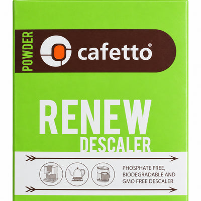 Cafetto Renew Descaler 6 x 25 grams Sachets, close-up of the label