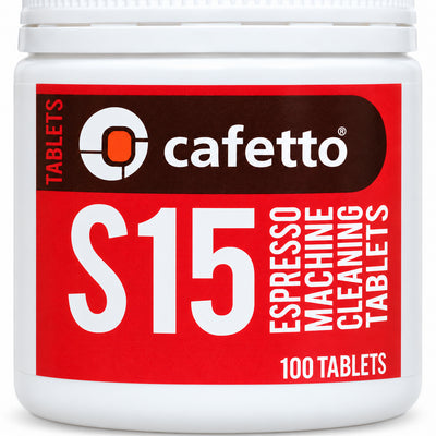 Cafetto S15 Espresso Machine Cleaning Tablets 100 pack, close-up of the label