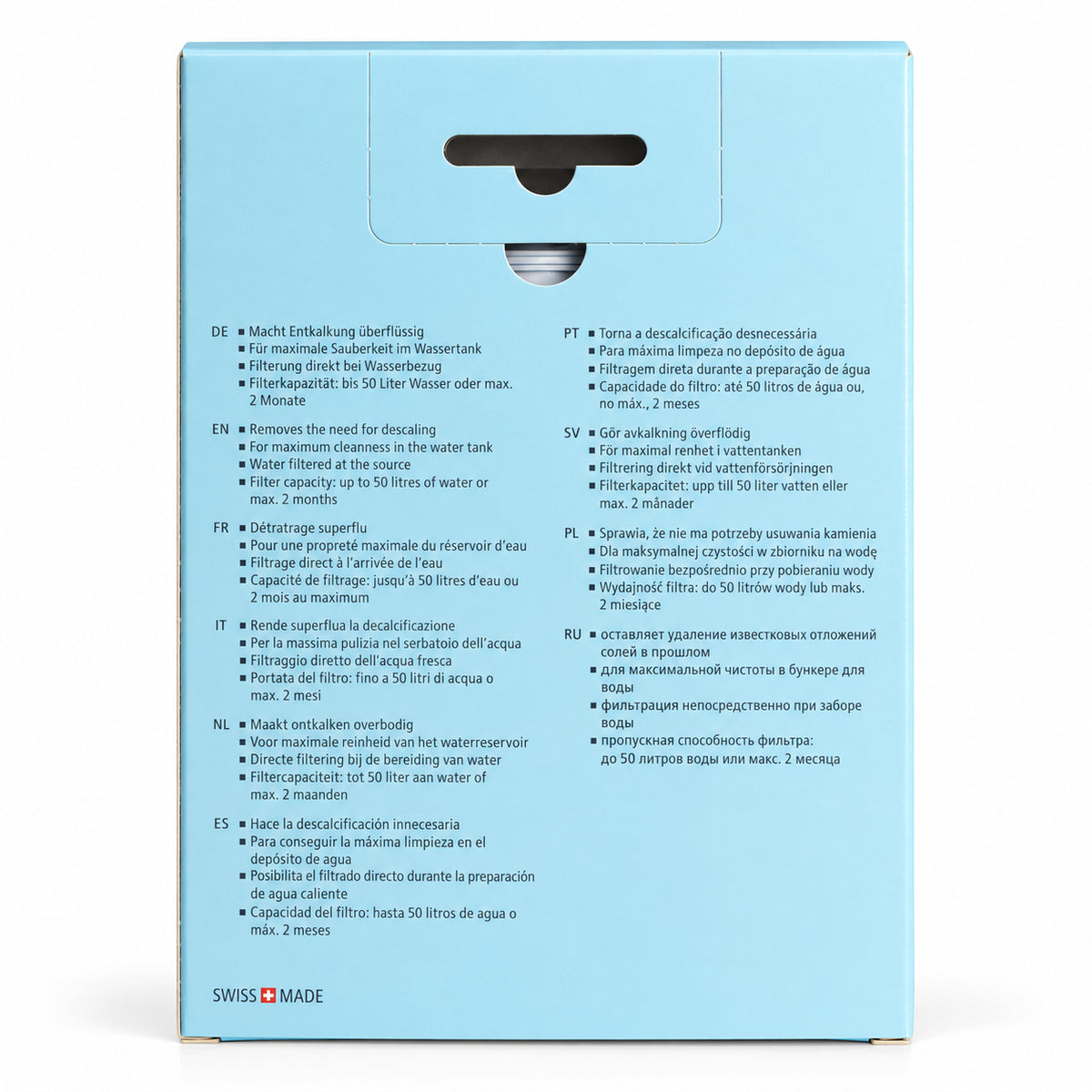 Jura Claris Water Filter Blue + 3 pack, back of the pack