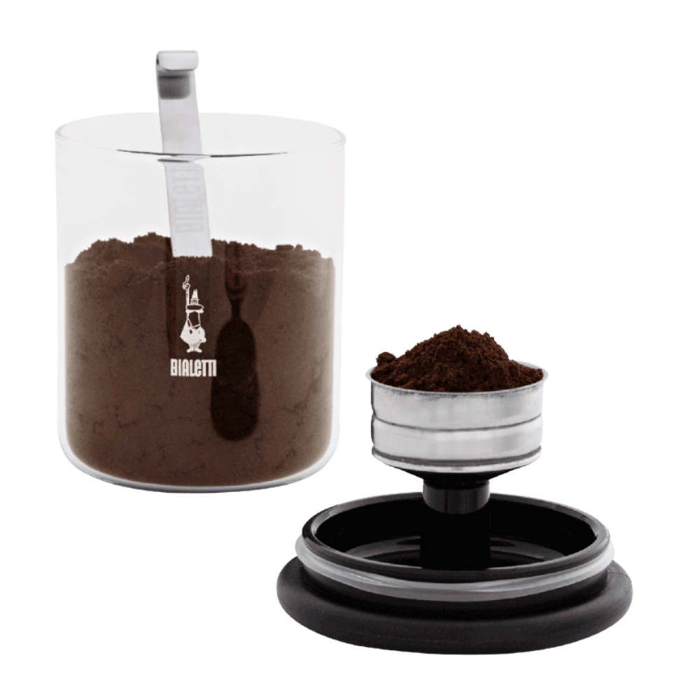 Bialetti Glass Coffee Jar With Moka Top Being Used With Moka Express Funnel