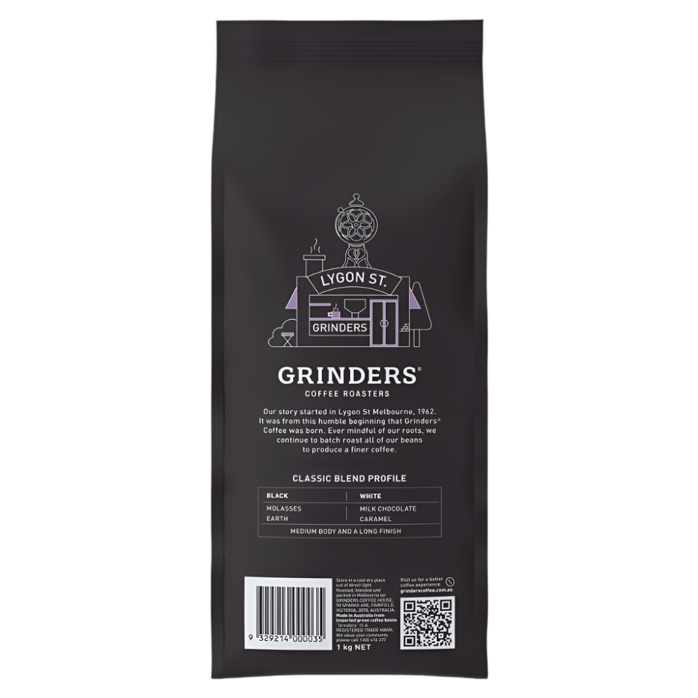 Back of bag Grinders Classic coffee beans 1kg