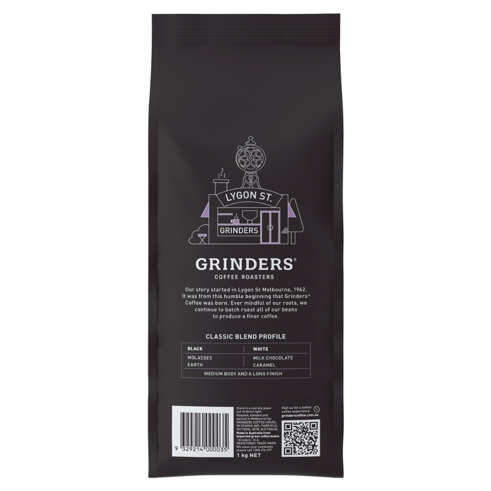 Back of bag Grinders Classic coffee beans 1kg