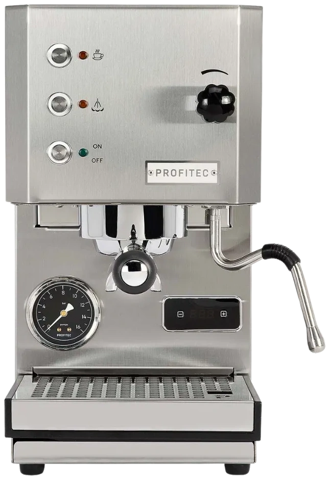 Black espresso machine with visible brand name on a white background